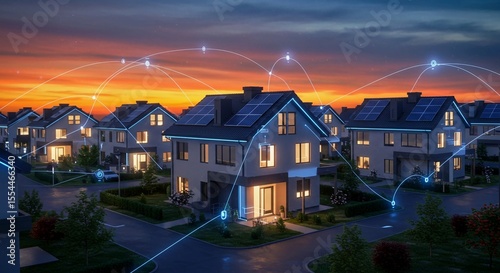 night view of the city, A futuristic smart home with glowing solar panels connected to a digital energy grid