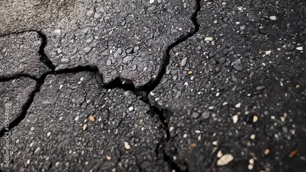 Close up of cracked asphalt pavement surface showing signs of wear and deterioration with scattered small stones.