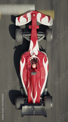 Top view of a generic formula one race car driving across the finish line. 3d animation rendering