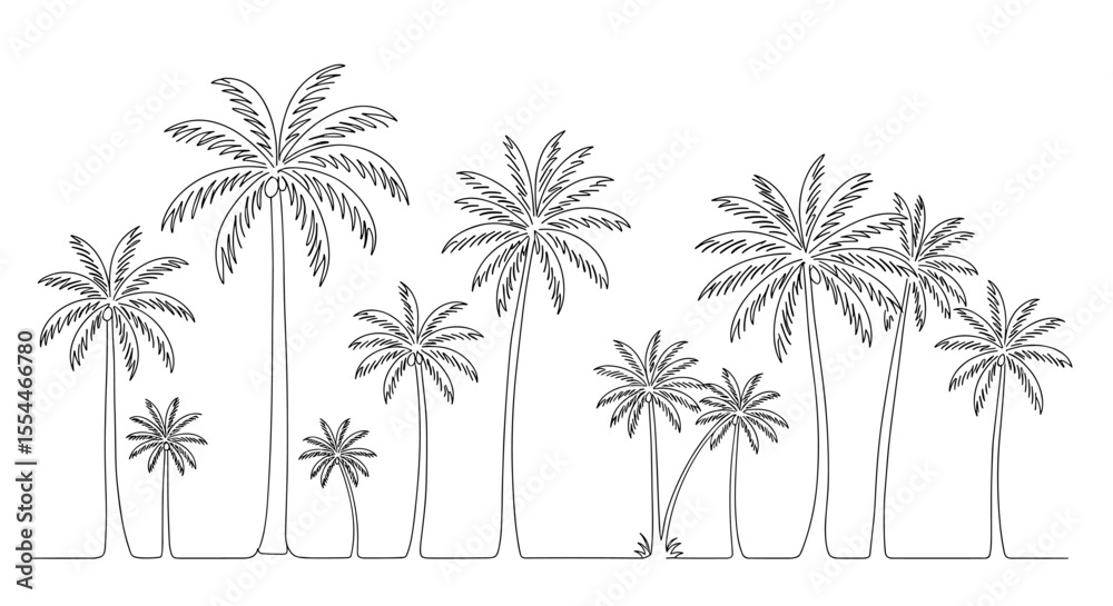 Fototapeta premium Continuous line palm trees vector illustration for tropical design, line art style