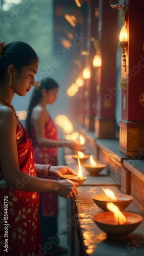 Women in beautiful attire light candles during the Diwali festival, embracing tradition