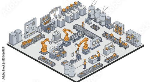 Isometric factory automation vector illustration for industrial design and technology concepts