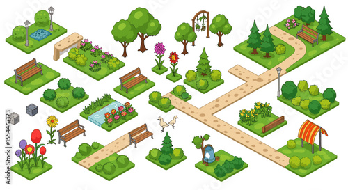Vector illustration of a tranquil park scene: isometric design for posters and cards