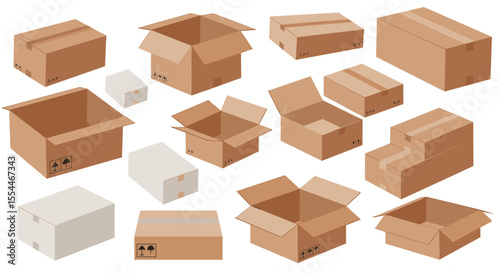 Open and closed cardboard boxes vector illustration for packaging design in flat style