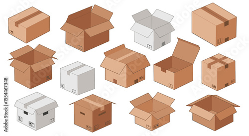 Cardboard boxes collection vector illustration: brown and white, open and closed, isometric style, design resource