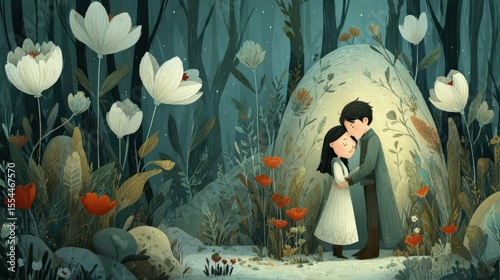 Whimsical woodland scene with fairy-tale couple embraced, glow