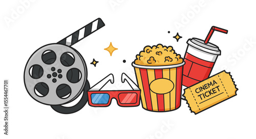 Movie night essentials vector illustration: cinema concept in flat style for poster or card design