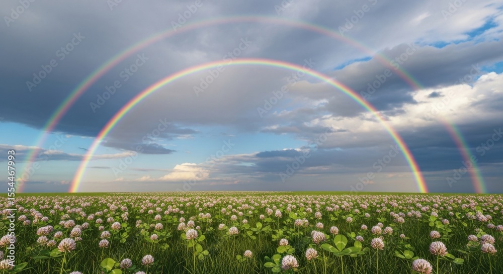 Naklejka premium A Vibrant Double Rainbow Arcs Across a Cloudy Sky Over a Clover Field