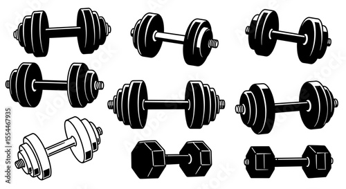 Dumbbell set vector illustration for fitness design, gym equipment, black and white, flat style