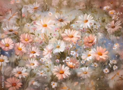 A profusion of daisies and wildflowers in soft peach and white hues, nestled against a muted, textured background.  The painting evokes a feeling of gentle serenity and summer's warmth.