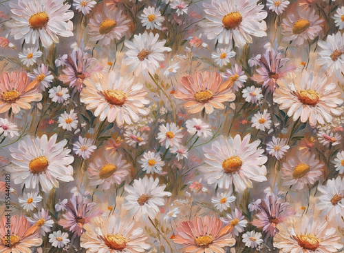 A dense cluster of daisies in varying shades of white and peach, set against a muted brown background.  The style evokes a painted floral pattern.