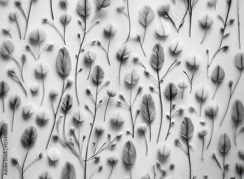 Monochromatic floral arrangement on a light background.  Delicate stems and leaves create a textured, botanical pattern.