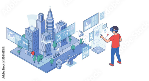 Virtual reality cityscape exploration vector illustration for technology design and concept art