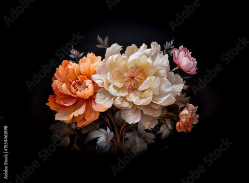 Intricate floral arrangement of peach, cream, and pink peonies against a stark black background.  The delicate petals and leaves are richly detailed.