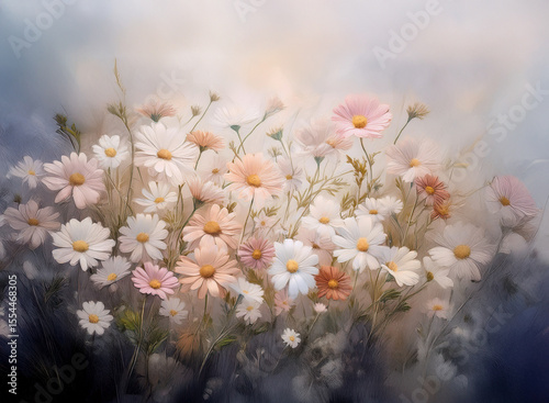 A profusion of delicate, pastel-colored daisies fills the foreground, set against a soft, muted background. The overall impression is one of gentle beauty and serenity.