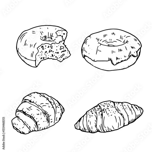 Delicious pastries, sweet rolls and croissants, donut with icing, a black and white ink sketch. Vector illustration. Set from bakery and pastry shop, isolated on a white background. The bitten donut