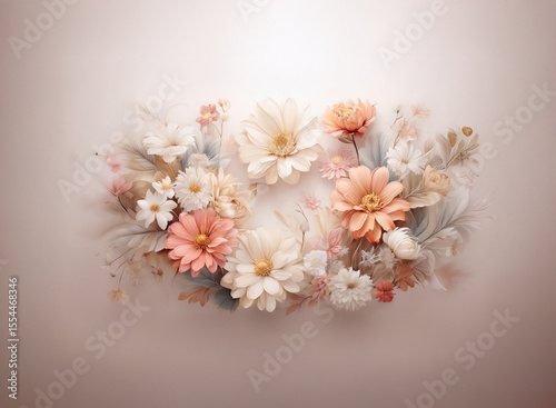 A delicate arrangement of peach, cream, and white flowers and dried grasses against a soft, neutral background.  The composition is symmetrical and evokes a feeling of serenity.