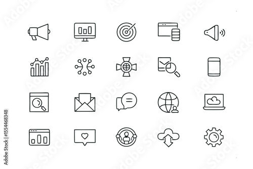 Digital Icon Set: A curated collection of minimalist digital icons, ideal for web design, marketing materials, and user interface elements. The icons represent diverse concepts and functions.