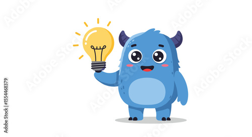 Cute monster with light bulb vector illustration: fun concept in flat style for kids' design, card, or poster