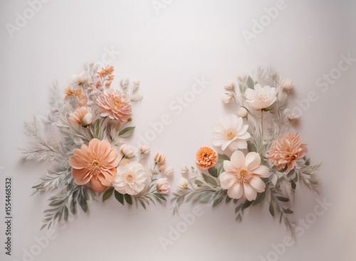 Delicate peach and cream paper flowers arranged on a simple white background, forming a frame.  The arrangement includes various blossoms and foliage, creating a soft, elegant design.