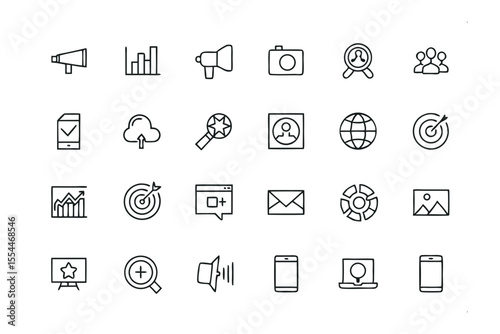Digital Graphic Icon set: A carefully curated collection of clean and minimalist graphic icons, perfect for modern digital design. Each icon represents a different element.