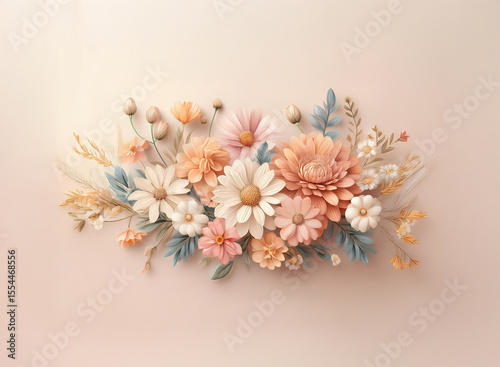 A delicate arrangement of paper flowers in soft peach, white, and beige tones against a pale background.  The flowers appear three-dimensional and handcrafted.