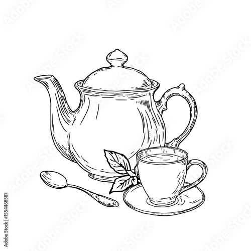 A porcelain teapot and a cup of coffee, a black and white ink sketch. Vector illustration. Tea composition, with tea tree leaves, a spoon and a mug on a saucer, isolated on a white background