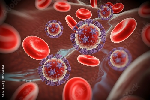 HIV Virus in Bloodstream – Medical 3D Illustration.Human Immunodeficiency Virus Flowing in Blood – Scientific Visualization.