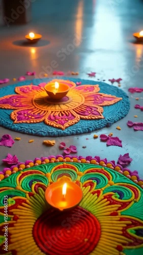 Join the lively rangoli mandala celebration with lamps for Diwali traditions