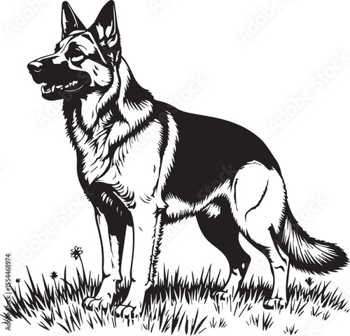 German Shepherd in Profile: A striking black and white illustration showcases a proud German Shepherd dog, standing alertly in a field, embodying loyalty and strength.