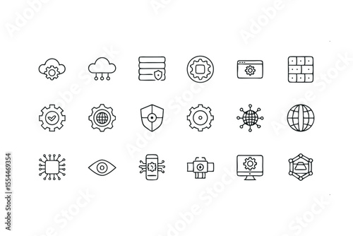 Cloud Security and Technology Icon: A collection of crisp, minimalistic icons showcasing the essentials of cloud security and technological innovation, perfect for digital and informational design.