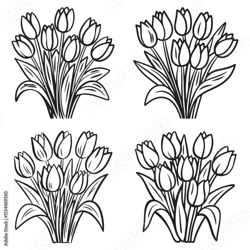 Four Black and White Tulip Bouquets Illustration Displaying Simplicity and Elegance in a Botanical Arrangement for Graphic Design
