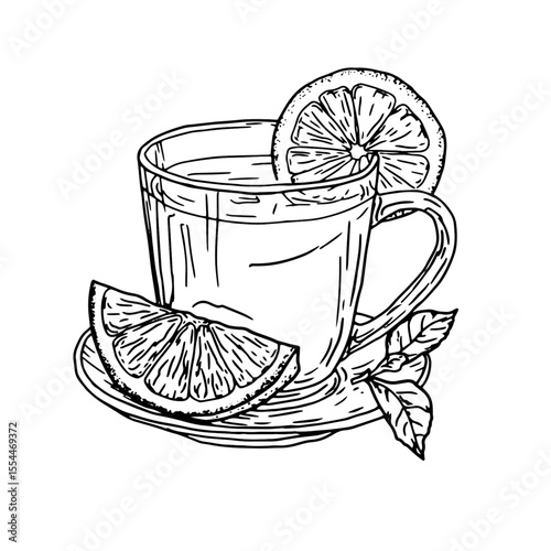A glass of tea with lemon in a saucer. Vector illustration. A mug of tea with tea leaves, isolated on a white background. The theme of tea drinking, coffee shops, menus, cookbooks and recipes