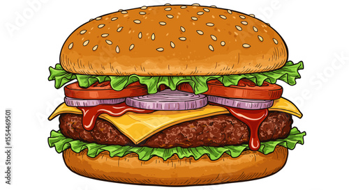 Delicious burger vector illustration: design for restaurant menu in hand drawn style