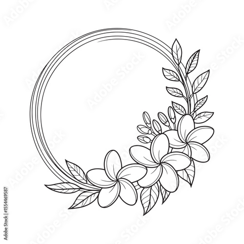 Elegant Floral Circle Frame Featuring Plumeria Blossoms and Foliage, Perfect for Invitations, Greetings, or Decorative Design Elements