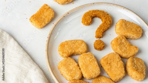 Crispy chicken nuggets arranged playfully with a question mark.