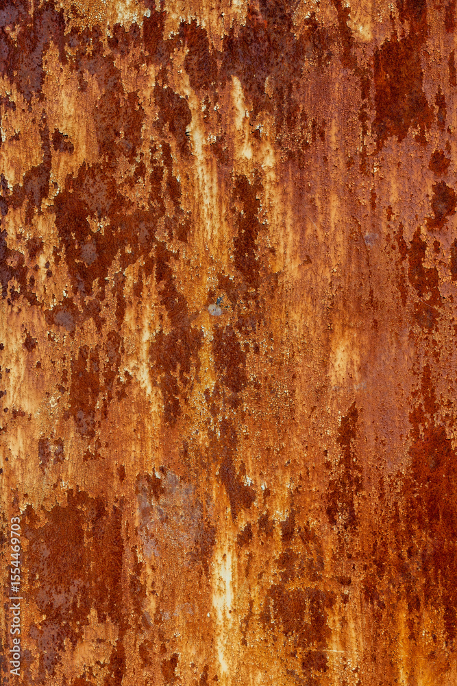 Fototapeta premium Rusty metal surface with flaking paint outdoors, industrial vibe