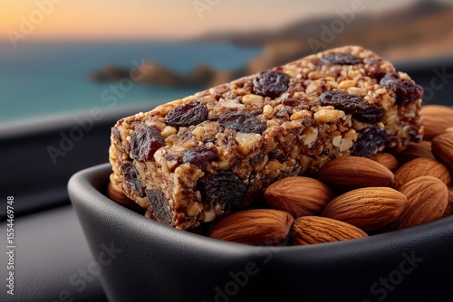 Nutritious energy bar crafted from wholesome nuts and dried fruit resting on a black bowl filled with almonds against a blurred beach backdrop symbolizing health and vitality