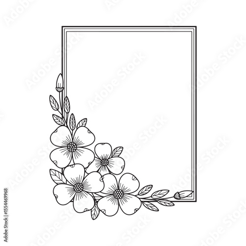 Elegant Floral Frame with Delicate Dogwood Blossoms A Minimalist Design for Invitations and Celebratory Announcements Black and White