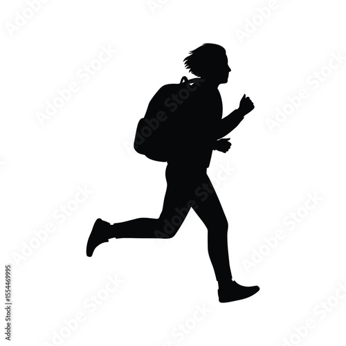 Silhouette of a person with a backpack running vector illustration black and white