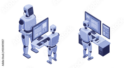 Futuristic office robots vector illustration for technology concept and design