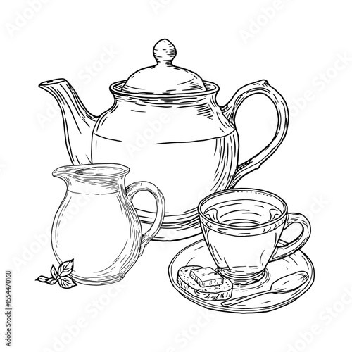 A teapot and cup of coffee, jug of milk and a spoon, a black and white ink sketch. Vector illustration. Tea composition, with tea tree leaves, a sandwich and a mug on a saucer, isolated on background