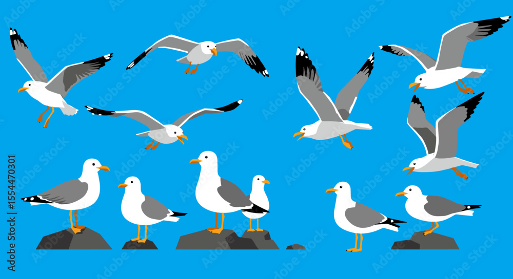 Fototapeta premium Seagulls in flight and resting on rocks vector illustration - coastal wildlife design for print, poster - flat style