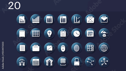 Collection of Twenty Four White Business and Office Icons on Dark Blue Backgrounds