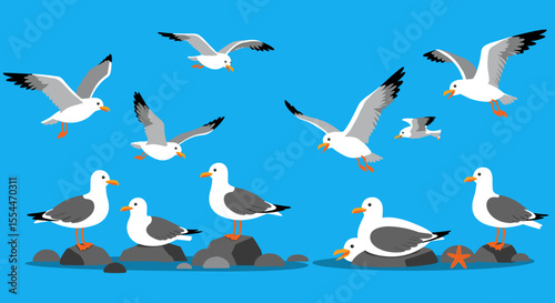 Seagull beach scene vector illustration for nature lovers in flat style