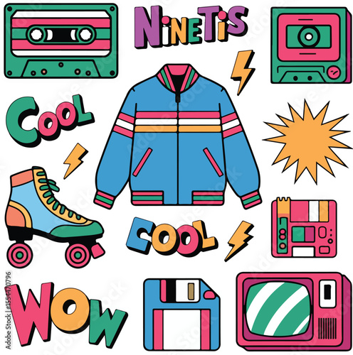 A vibrant collection of 90s inspired retro stickers clip art, perfect for your nostalgic projects