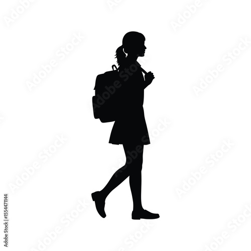 Silhouette of a schoolgirl walking with backpack side view vector illustration