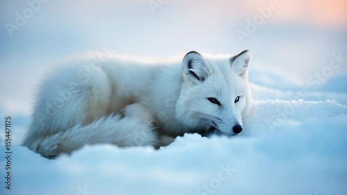Arctic fox curled up sleeping peacefully on a bed of snow in a winter wonderland scene outdoors video