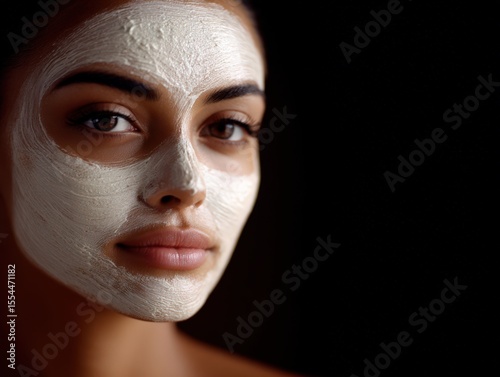 Captivating close-up portrait of a serene woman displaying natural beauty while using a rejuvenating facial mask with a soft illumination highlighting her exquisite features and glowing skin