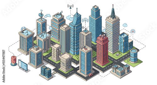 Smart city infrastructure vector illustration for urban planning and design, isometric style